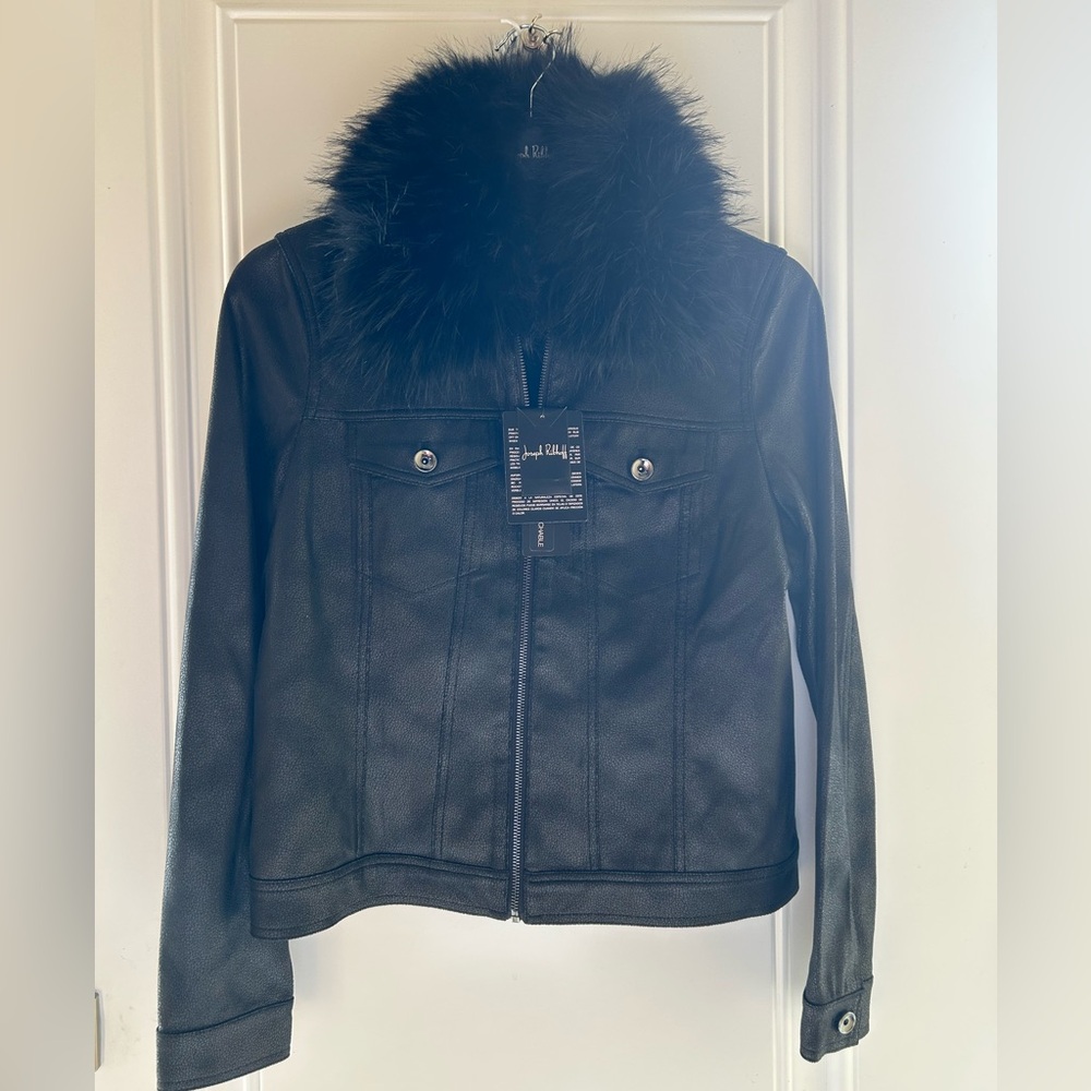 Joseph Ribkoff Black Faux Fur Collar Suede Jacket in Size Medium